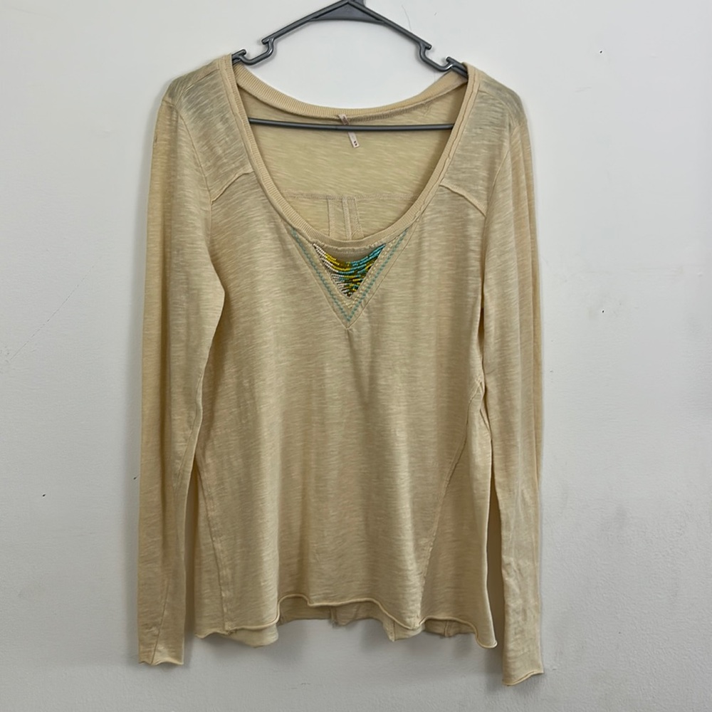 Free People Medium Beige Lightweight Distressed Long Sleeve Top w/ Beaded Front